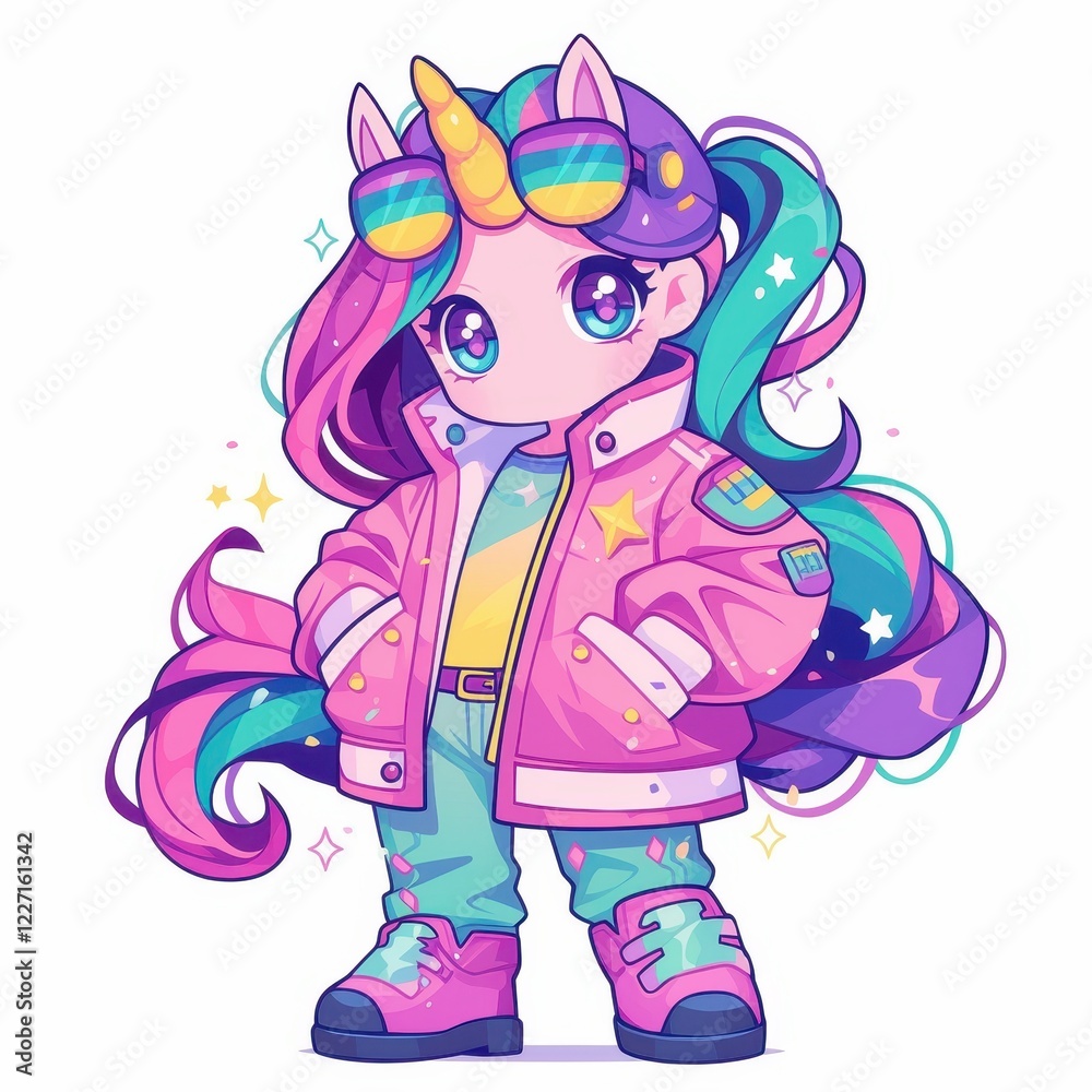 Cute Pastel Unicorn Girl Cartoon Character in Trendy Outfit Vibrant Hair and Stylish Accessories Cute Pastel Unicorn Girl Cartoon Character in Trendy Outfit Vibrant Hair and Stylish Accessories