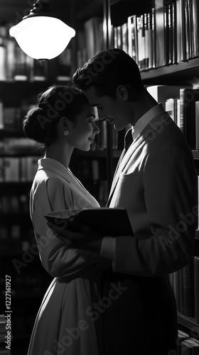 Romantic couple in vintage library setting, black and white.