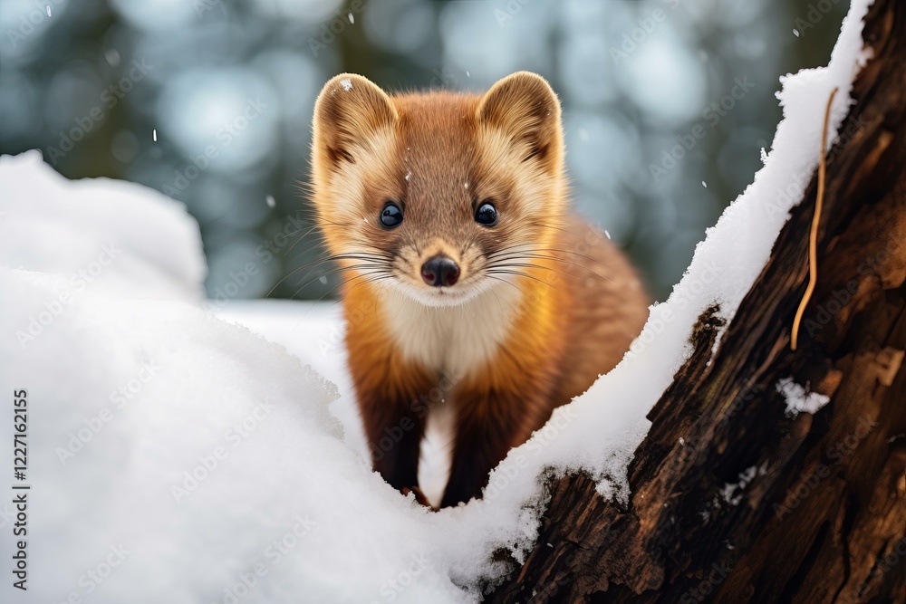 Fototapeta premium Cute sable is standing in the snow near a tree trunk in winter forest
