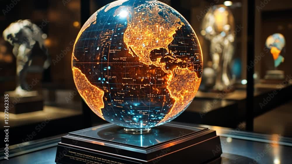 A glowing globe displaying illuminated continents in a modern exhibition space at night