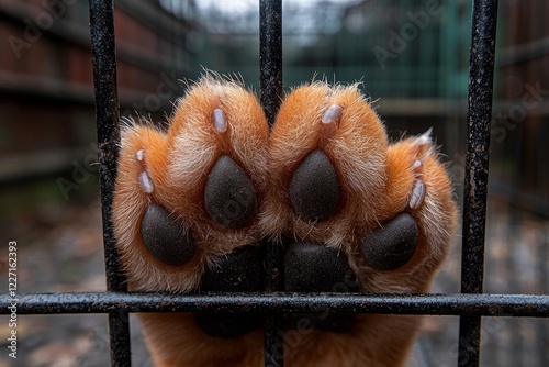 Zoomed-in image of a dog's paw enclosed in bars, conveying themes of restricted freedom and animal maltreatment