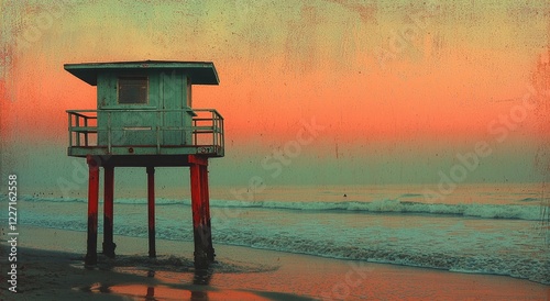In Santa Monica, USA, a lifeguard tower styled in a retro old film aesthetic