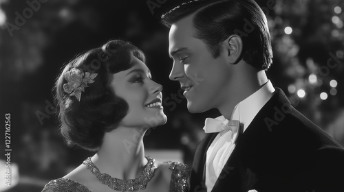 Romantic couple gazing in vintage black and white style.