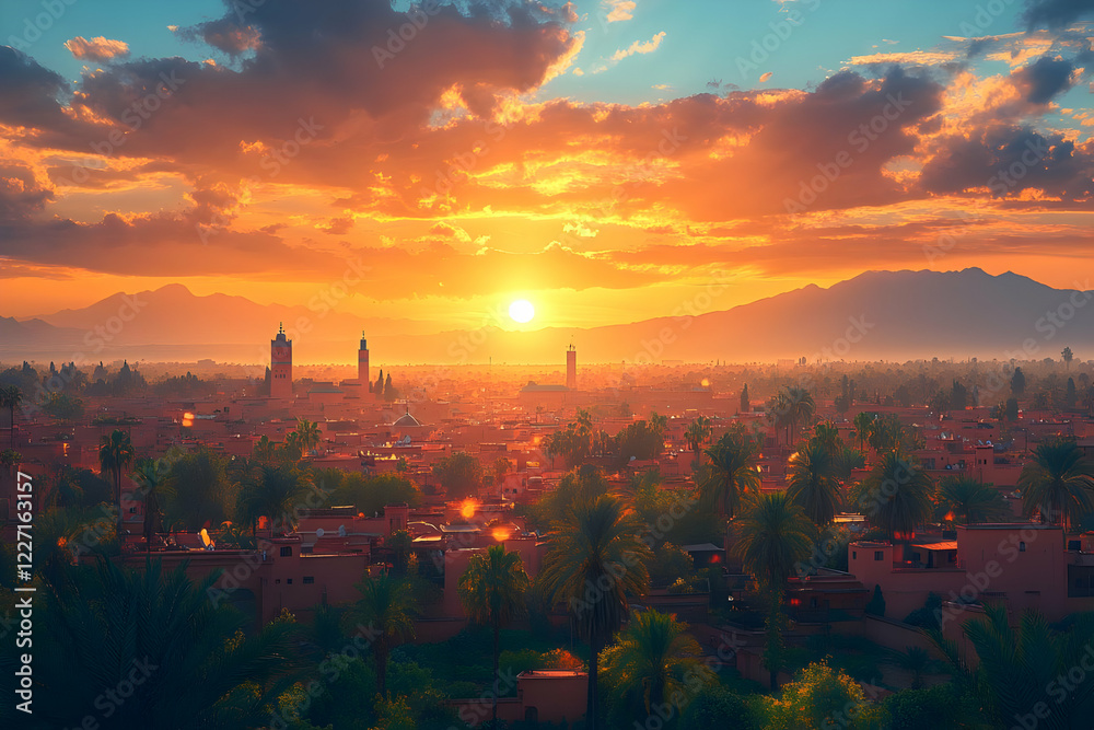 Naklejka premium A stunning sunset over a cityscape with mountains and palm trees in the background.