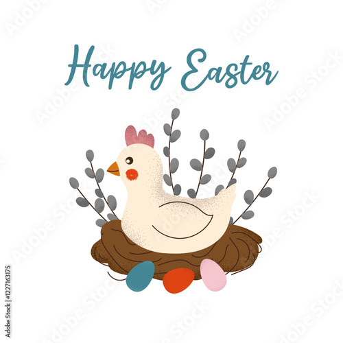 Square card with chicken, nest, painted eggs, willow branches and typography for Happy Easter. Hand drawn clip art with noise texture on white background. Spring flat vector illustration.