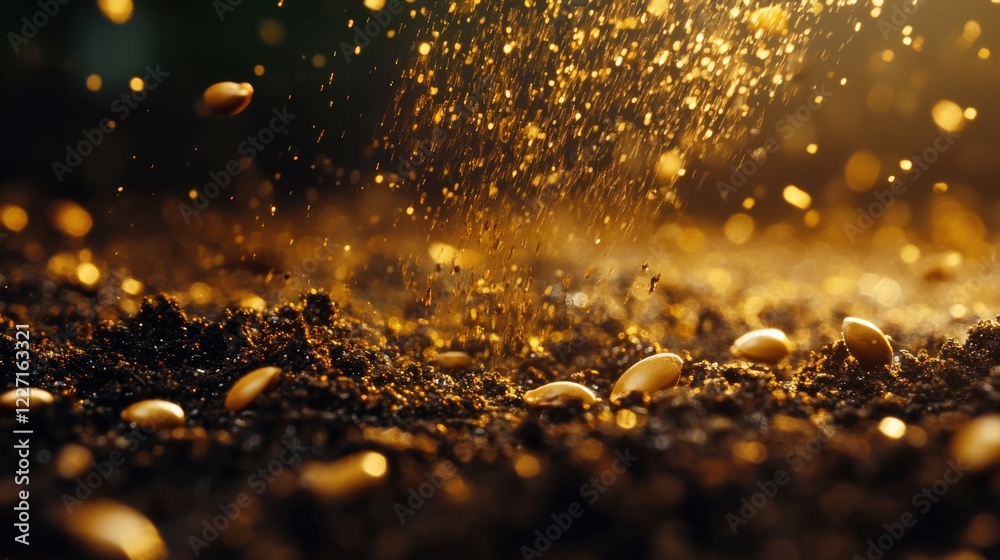 Seeds are being gently pressed into rich, dark soil. Sunlight filters through trees, casting a warm glow on the scene. This nurturing activity is essential for the growth of new plants in the garden Seeds are being gently pressed into rich, dark soil. Sunlight filters through trees, casting a warm glow on the scene. This nurturing activity is essential for the growth of new plants in the garden