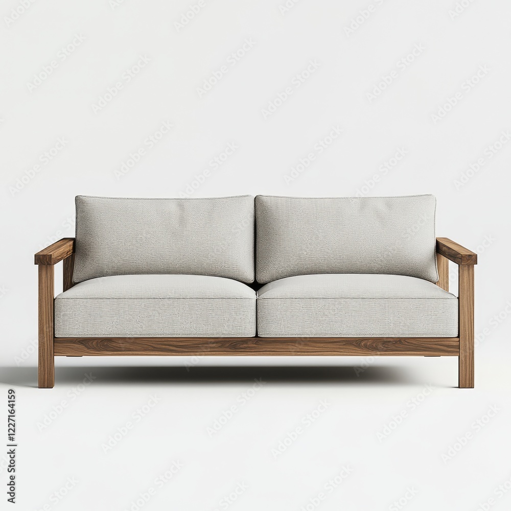 Modern light grey fabric sofa with natural wood frame. Modern light grey fabric sofa with natural wood frame.