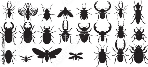 A set of insects silhouettes for flat design. Hand drawn vector illustration