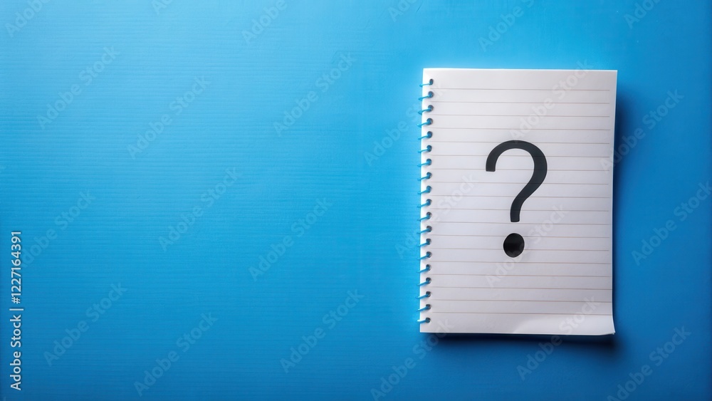 Fototapeta premium A sheet of note paper with a question mark drawn on it against a panoramic blue background, creating an air of curiosity and contemplation, thought, curiosity