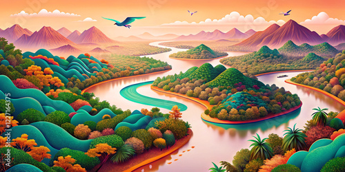  vibrant fantasy-style illustration of a winding river surrounded by lush green trees, colorful hills, and majestic mountains, creating a picturesque and dreamlike landscape full of life.