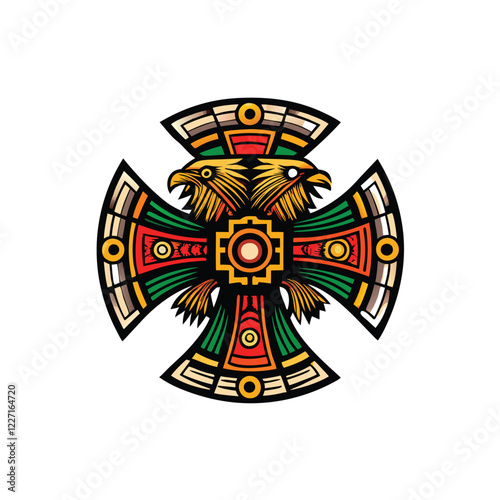 Design a symmetrical Aztec-inspired logo featuring geometric patterns, incorporating sun, eagle, or pyramid motifs.  Maintain a sophisticated and modern aesthetic.