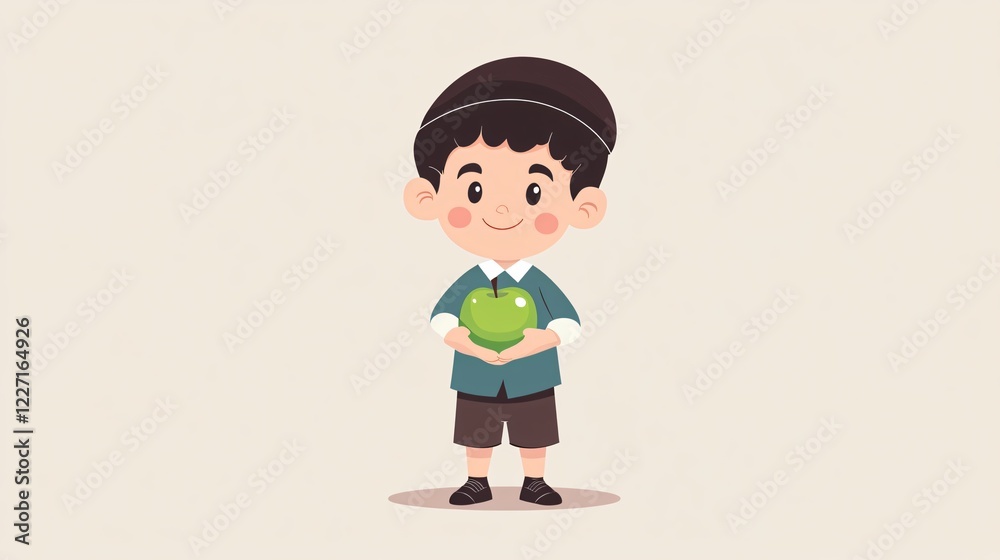 Jewish Boy Holding Green Apple Flat Vector Illustration for Educational Use and Cultural Diversity Promotion Jewish Boy Holding Green Apple Flat Vector Illustration for Educational Use and Cultural Diversity Promotion
