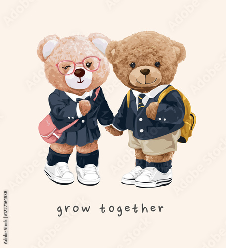 grow together slogan with cute bear couple in kindergarten uniform vector illustration