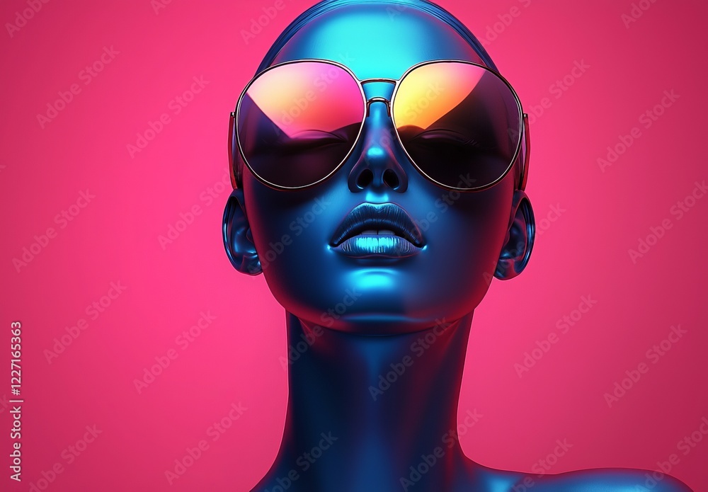A human face depicted in a surrealistic 3D style, fashioned from holographic chrome-plated material, symbolizing the cyborg concept and stock photography A human face depicted in a surrealistic 3D style, fashioned from holographic chrome-plated material, symbolizing the cyborg concept and stock photography