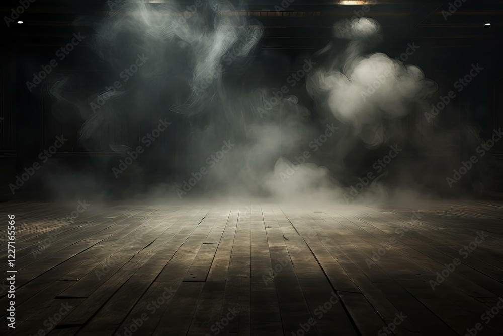 Smoke is filling a dark room with wooden floor and spotlights, creating a mysterious atmosphere