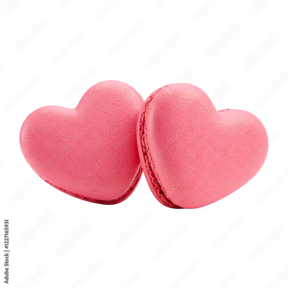 Fototapeta premium Two Sweet heart shaped pink macaroon on white background