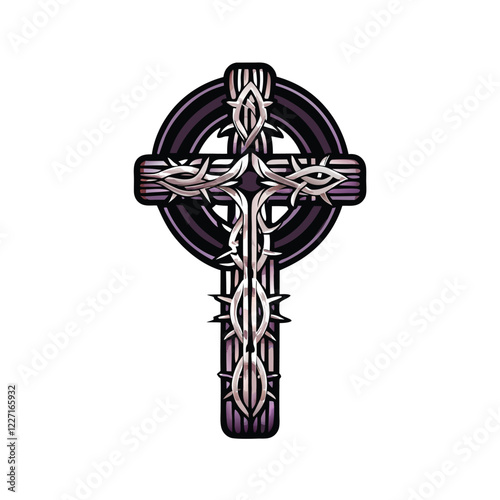 Create a vector illustration of a Celtic cross intricately adorned with Thor's hammer, Mjolnir, and Norse runes.