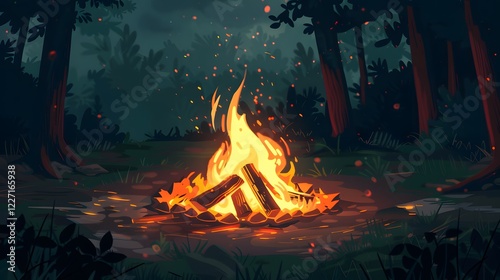 A painting of a bonfire in a forest valley camping area.