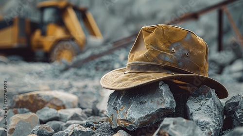 The construction worker's hat in the construction camp is placed on the rock during the break.