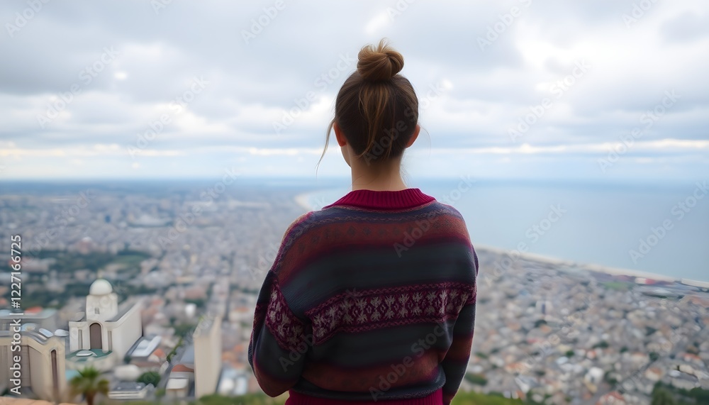A young woman standing with her back to the viewer wearing a colorful sweater, overlooking a vast cityscape from a viewpoint. The skyline includes buildings and a coastal line, under a cloudy sky.