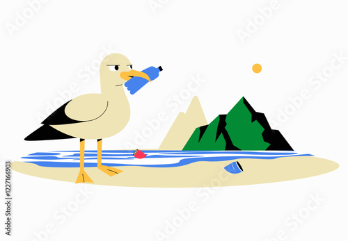 Seagull Holding Plastic Waste on Polluted Beach in Flat Vector Illustration Symbolizing Environmental Pollution, Marine Conservation, and Ocean Cleanup, Isolated on White Background