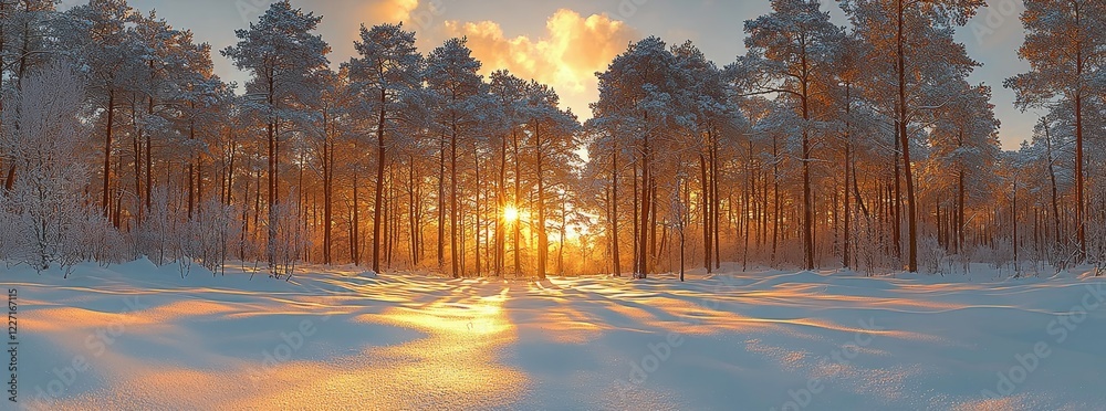 Fototapeta premium A breathtaking winter scene of fir trees in the Black Forest (Schwarzwald), Germany, captured at dawn with sunlight filtering through the trees, creating a beautiful snowscape
