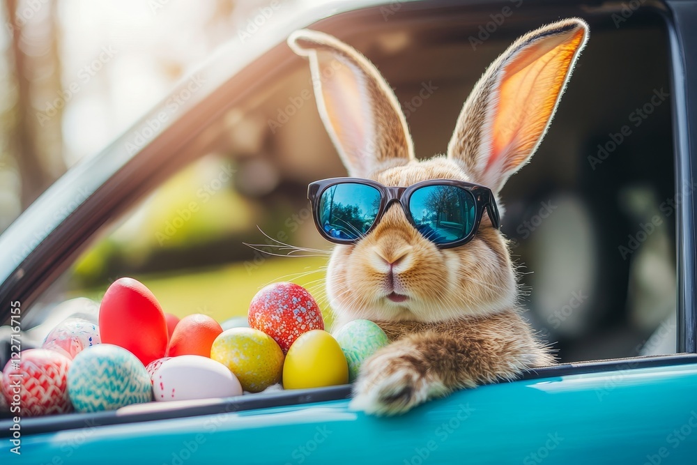 stylish easter bunny in sunglasses peeks out of a car filled with easter eggs