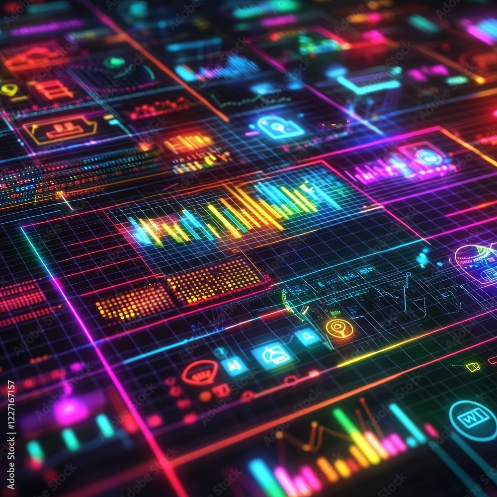 Obraz premium Colorful Abstract Data Visualization with Neon Graphic Elements
