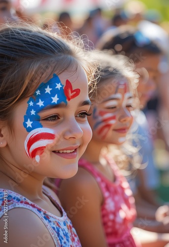 Kids painting their faces with American flag designs during a community Independence Day event, with colorful paints and happy expressions, bright outdoor lighting, Generative AI