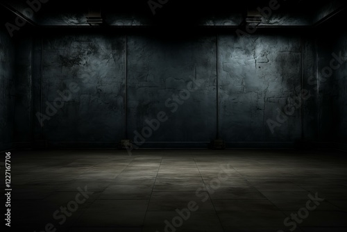Dimly lit, empty room with grunge concrete walls and floor creates a mysterious and eerie atmosphere