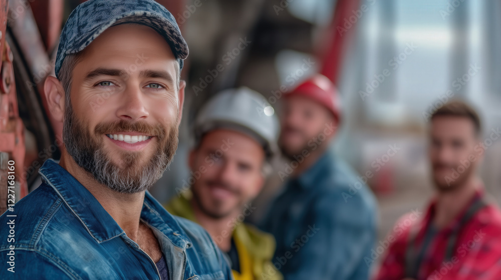 Fototapeta premium A close-knit team of oilfield workers poses proudly on location, surrounded by equipment and machinery, highlighting their vital role in energy production and the economy