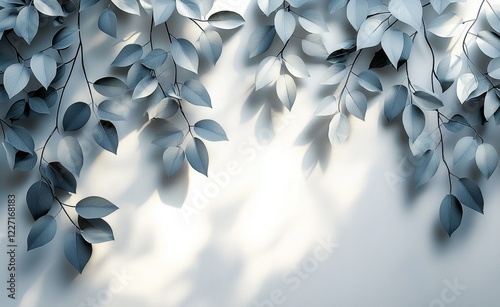Tropical leaves and branches create a blurred shade on a white wall, illuminated by the dappled sunlight