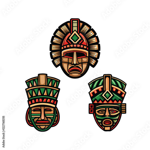 Create a vector logo depicting a stylized Aztec ceremonial sunstone or calendar, incorporating geometric patterns and vibrant colors.