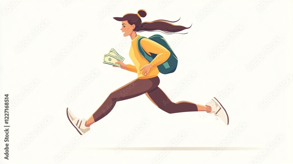 Naklejka premium Professional Businesswoman Running with Money, Flat Vector Illustration for Corporate Finance Concepts