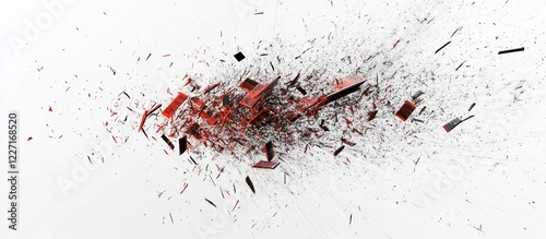 Red black fragments explode on white background; digital art, design