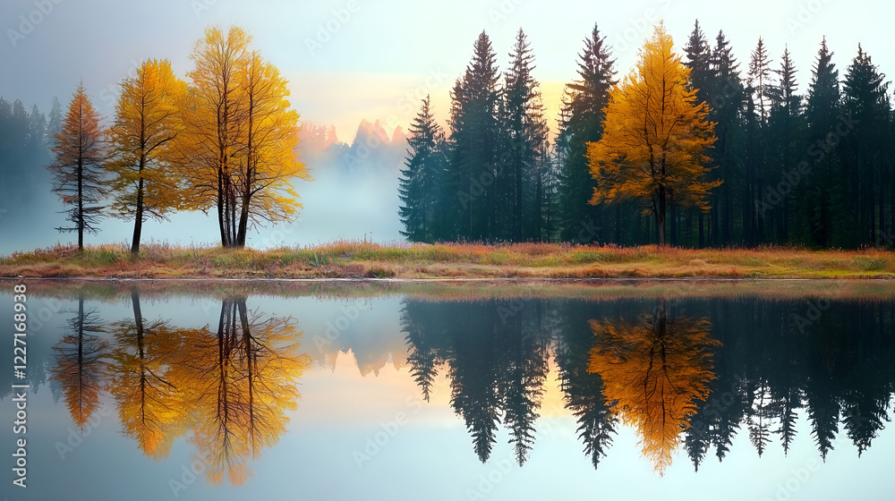 Obraz premium A serene landscape featuring golden autumn trees reflecting on a calm lake, surrounded by dense evergreen forests in a misty atmosphere.
