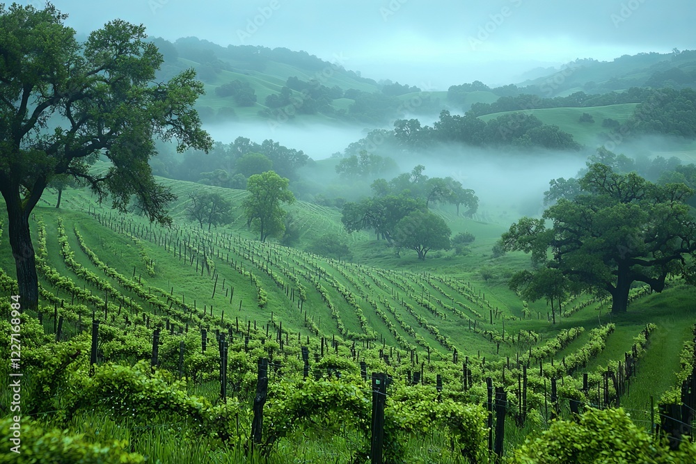 Obraz premium Springtime brings clouds and mist to rolling hills in Julian, California, where pear trees are in full bloom among coastal live oaks and buckwheat