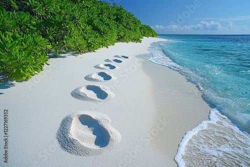 Detailed shot of sea sand on the beach. Panoramic beach scene. Inspiring tropical beach seascape reaching the horizon. The orange and golden sunset sky, with its serene and tranquil quality, is