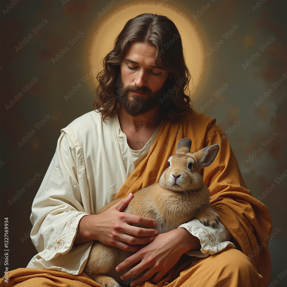 Obraz premium Jesus, serene holding a rabbit, Easter day
