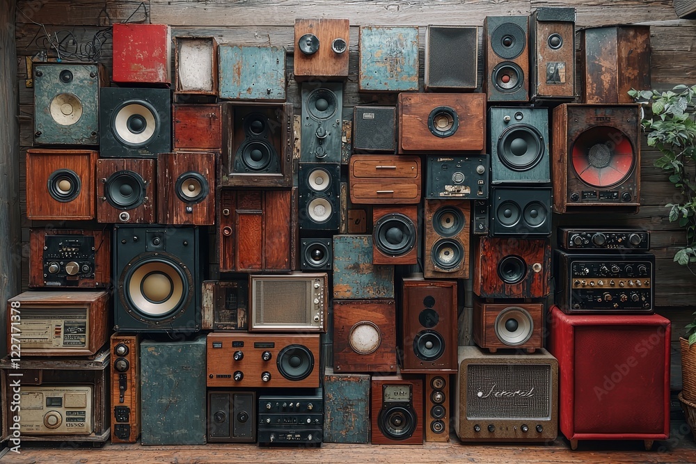 Obraz premium In a vintage retro style, sound speakers are mounted on the wall, complemented by modern stacked sound boxes