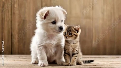 A Fluffy White Puppy and a Striped Tabby Kitten Sit Together on a Rustic Wooden Floor, Embodying the Essence of Interspecies Friendship