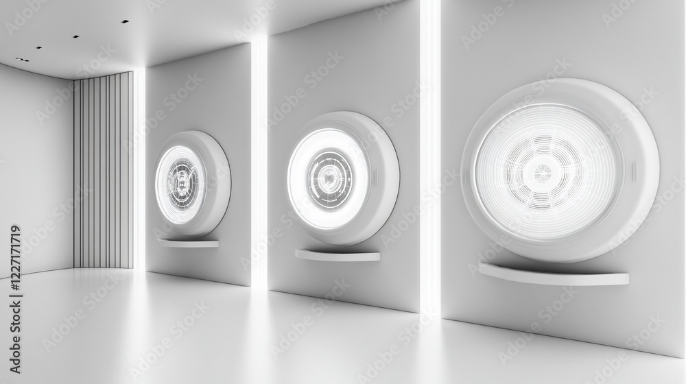 Futuristic gallery displays illuminate modern interior Futuristic gallery displays illuminate modern interior