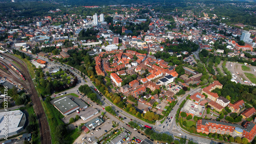 Aerial panorama view around the old town of the city Itzehoe on a sunny morning summer day in the Germany