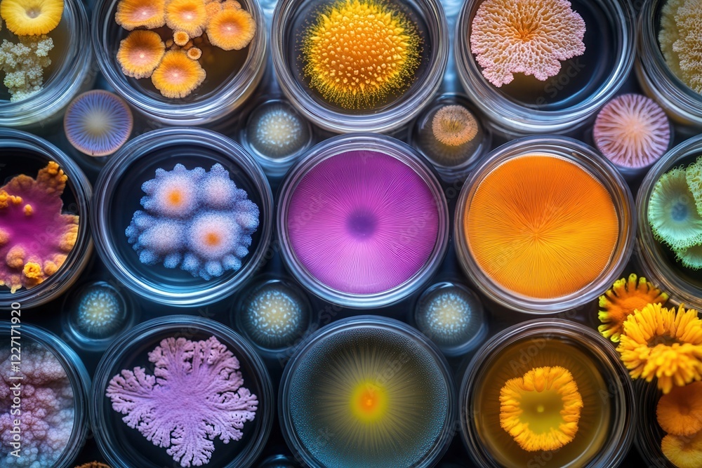 Colorful fungi specimens displayed in petri jars Colorful fungi specimens displayed in petri jars