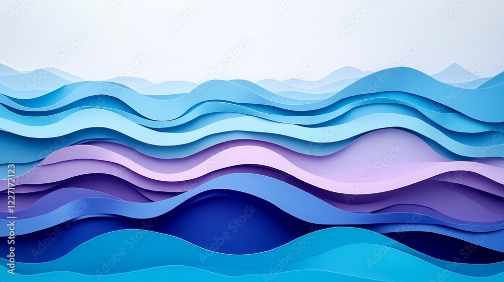 Fototapeta premium Layered paper waves, ocean scene, abstract art, design background