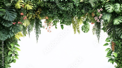Lush tropical foliage archway backdrop; wedding, event decor