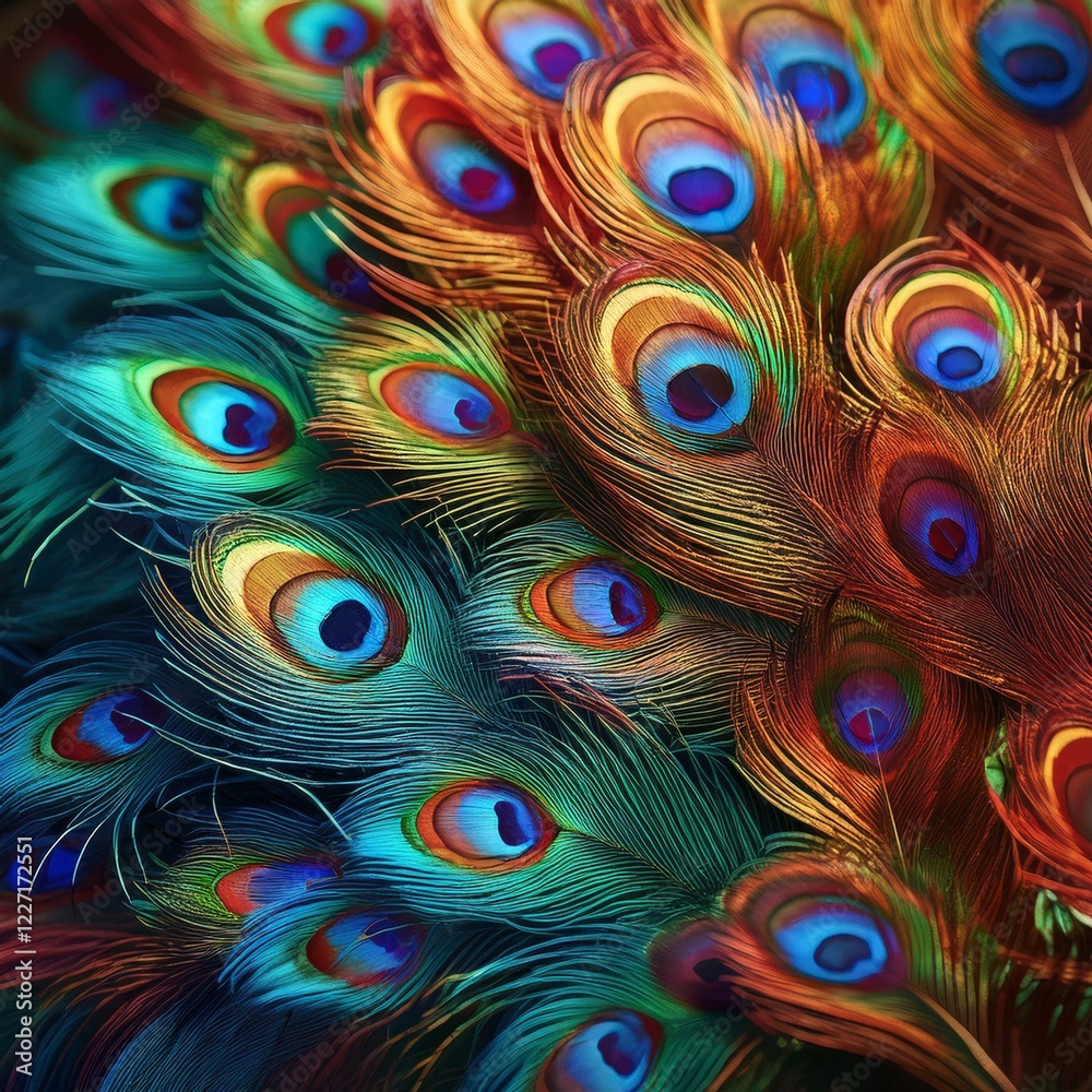 Fototapeta premium close-up of vibrant colorful peacock feathers, background graphic resource