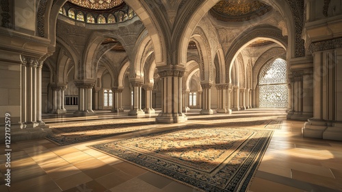 mosque interior with intricate designs, realistic and detailed, soft golden lighting