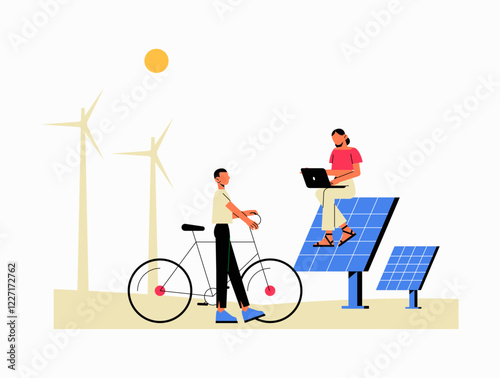 Renewable Energy, Solar Panels, And Sustainable Lifestyle In Flat Vector Illustration Symbolizing Green Energy, Eco Friendly Technology, And Sustainable Living, Isolated On White Background.