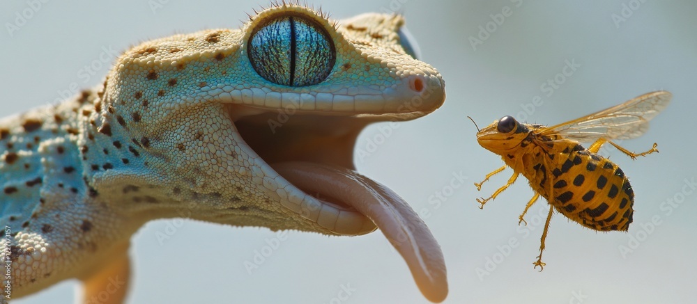 Obraz premium Gecko catching insect, blurred background, wildlife photography